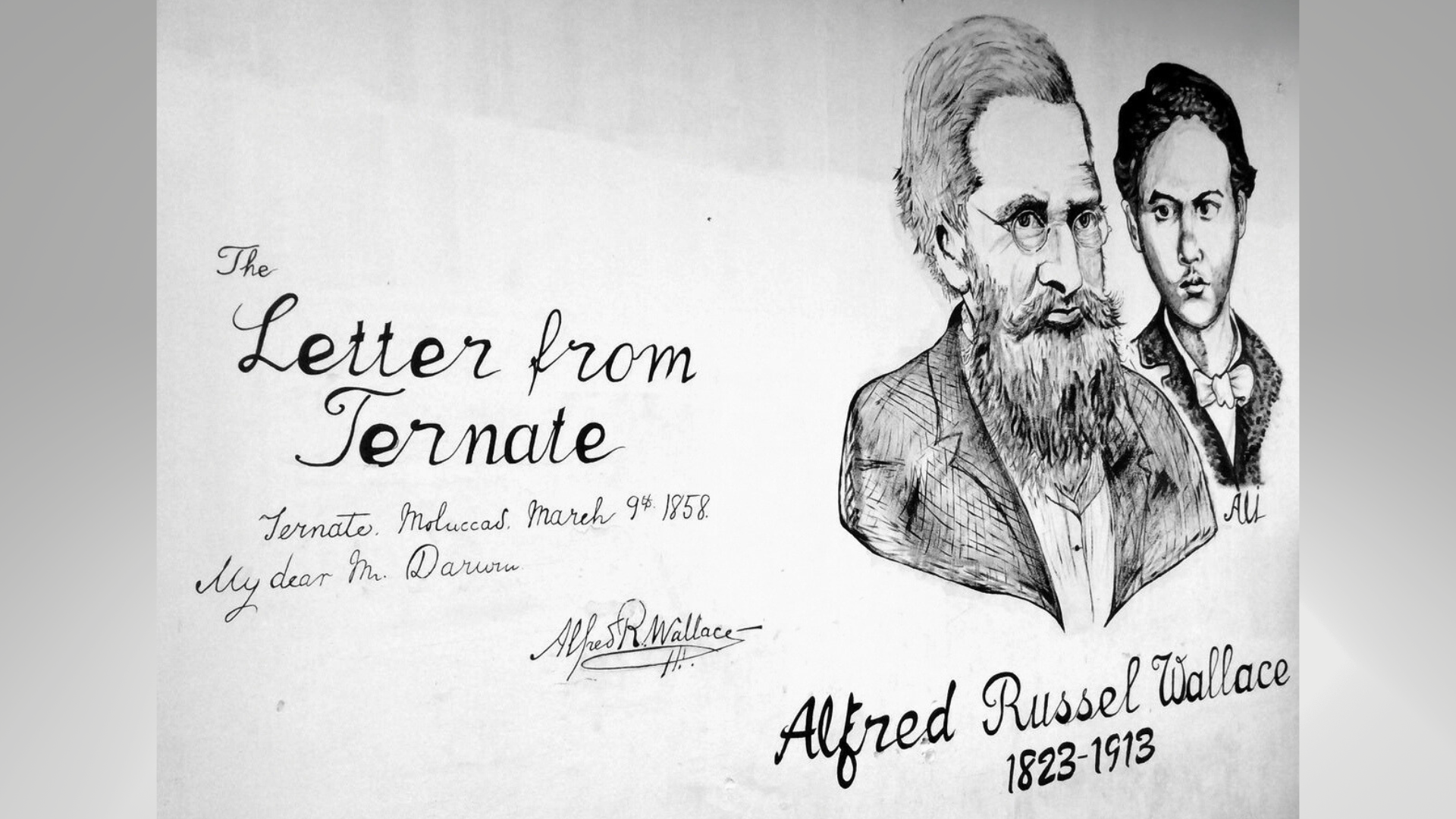 A graffitti signboard in Ali signboard in Ternate, Indonesia features the images of Alfred Russel Wallace and his assistant, known only as "Ali".
